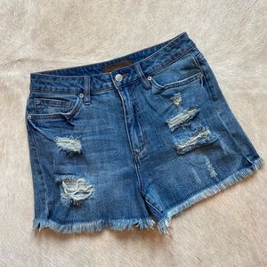 Joe’s distressed jean shorts, mid-length. Sz 28.